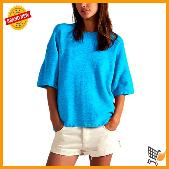 Short Sleeve Sweater Tee Ribbed Knit Pullover Casual Loose Fit Crewneck Top - Picture 1 of 5